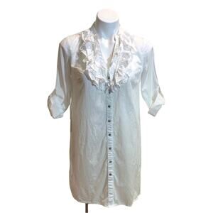White Shirt Dress Ruffled Size S Button Up Cottage Cotton Beach Cover Up Flowy